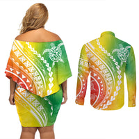 Polynesian Pride Couples Matching Off Shoulder Short Dress and Long Sleeve Button Shirts Turtle Hibiscus Luxury Style - Reggae LT7 - Wonder Print Shop