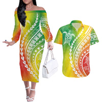 Polynesian Pride Couples Matching Off The Shoulder Long Sleeve Dress and Hawaiian Shirt Turtle Hibiscus Luxury Style - Reggae LT7 - Wonder Print Shop