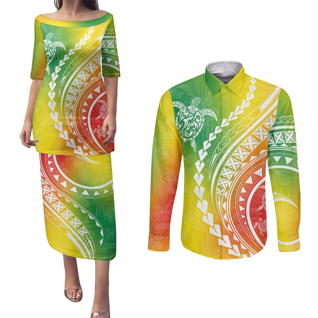 Polynesian Pride Couples Matching Puletasi Dress and Long Sleeve Button Shirts Turtle Hibiscus Luxury Style - Reggae LT7 - Wonder Print Shop