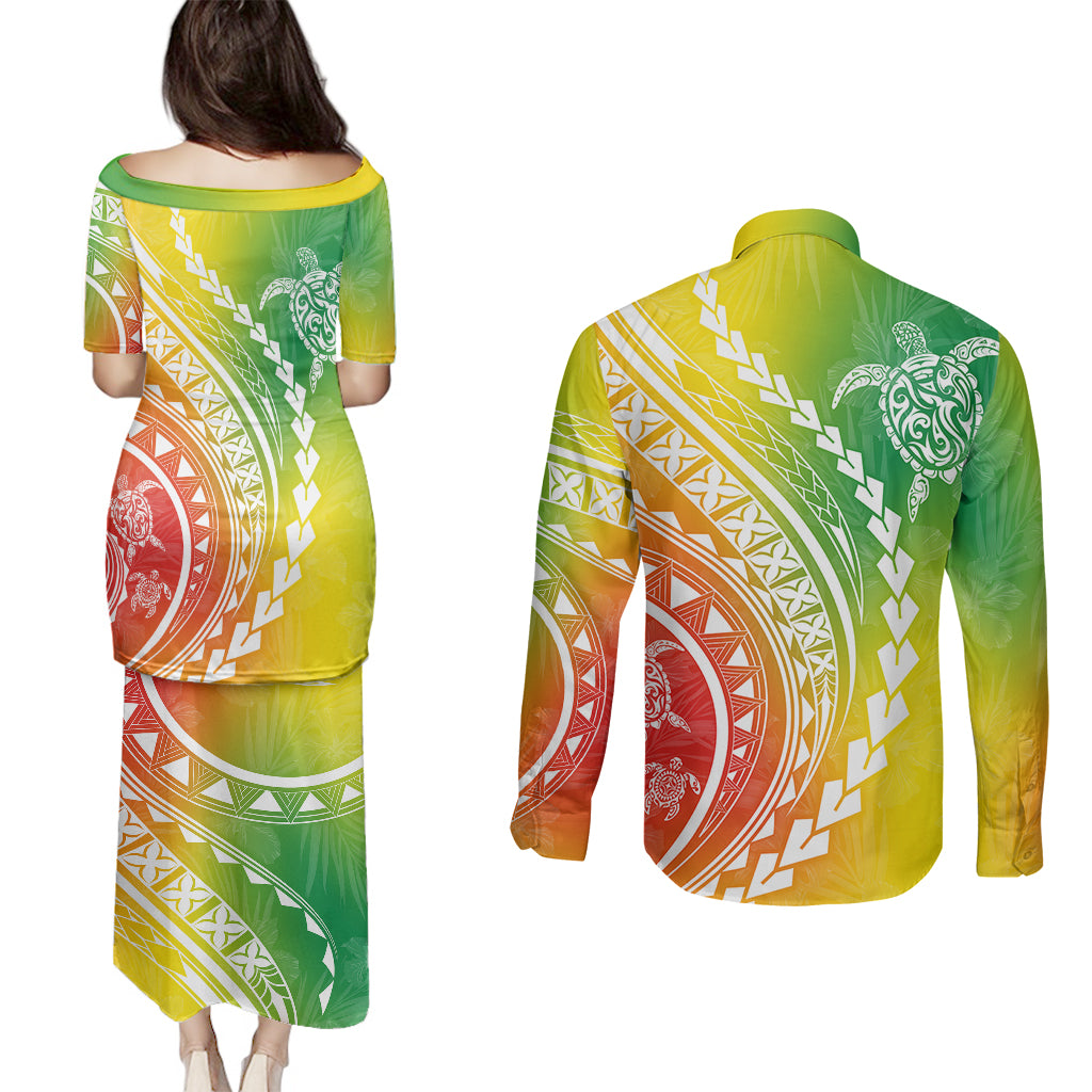 Polynesian Pride Couples Matching Puletasi Dress and Long Sleeve Button Shirts Turtle Hibiscus Luxury Style - Reggae LT7 - Wonder Print Shop
