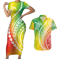 Polynesian Pride Couples Matching Short Sleeve Bodycon Dress and Hawaiian Shirt Turtle Hibiscus Luxury Style - Reggae LT7 - Wonder Print Shop