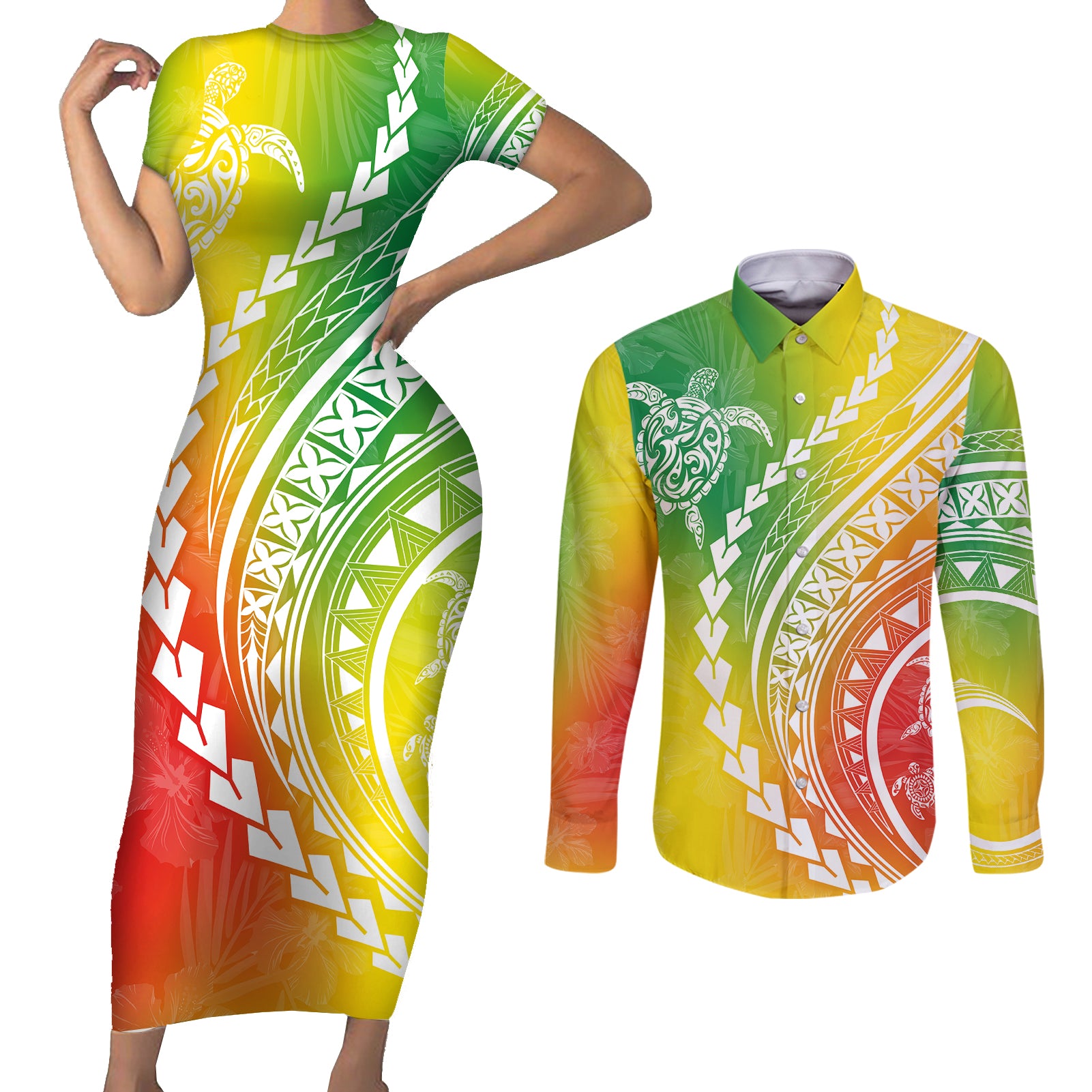 Polynesian Pride Couples Matching Short Sleeve Bodycon Dress and Long Sleeve Button Shirts Turtle Hibiscus Luxury Style - Reggae LT7 - Wonder Print Shop