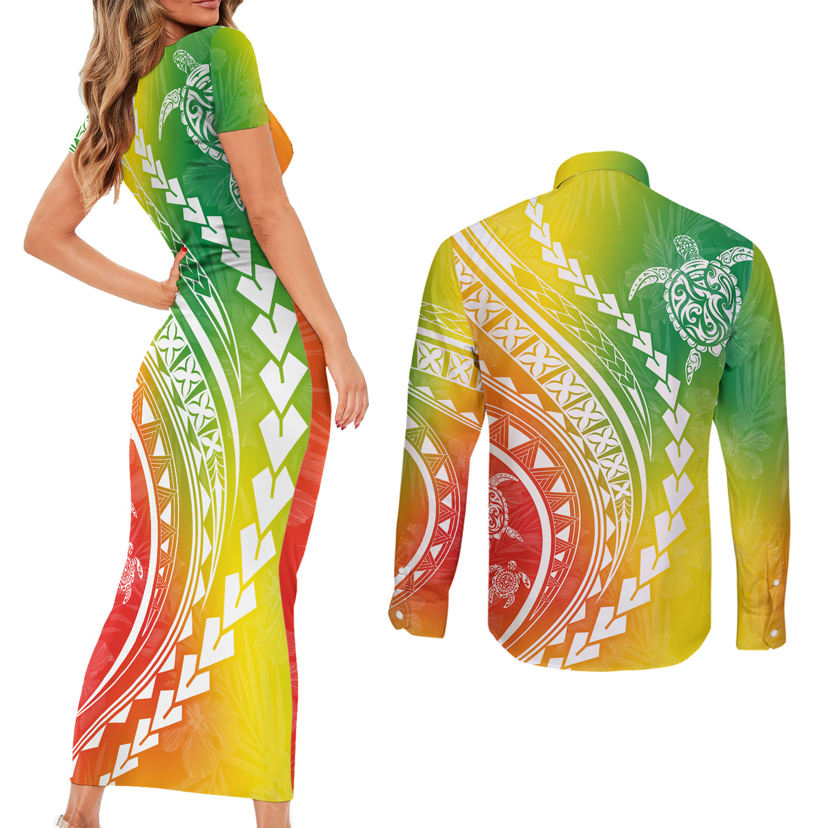Polynesian Pride Couples Matching Short Sleeve Bodycon Dress and Long Sleeve Button Shirts Turtle Hibiscus Luxury Style - Reggae LT7 - Wonder Print Shop
