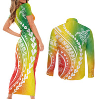 Polynesian Pride Couples Matching Short Sleeve Bodycon Dress and Long Sleeve Button Shirts Turtle Hibiscus Luxury Style - Reggae LT7 - Wonder Print Shop