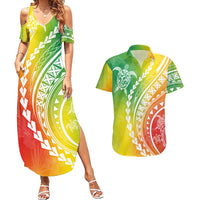 Polynesian Pride Couples Matching Summer Maxi Dress and Hawaiian Shirt Turtle Hibiscus Luxury Style - Reggae LT7 - Wonder Print Shop