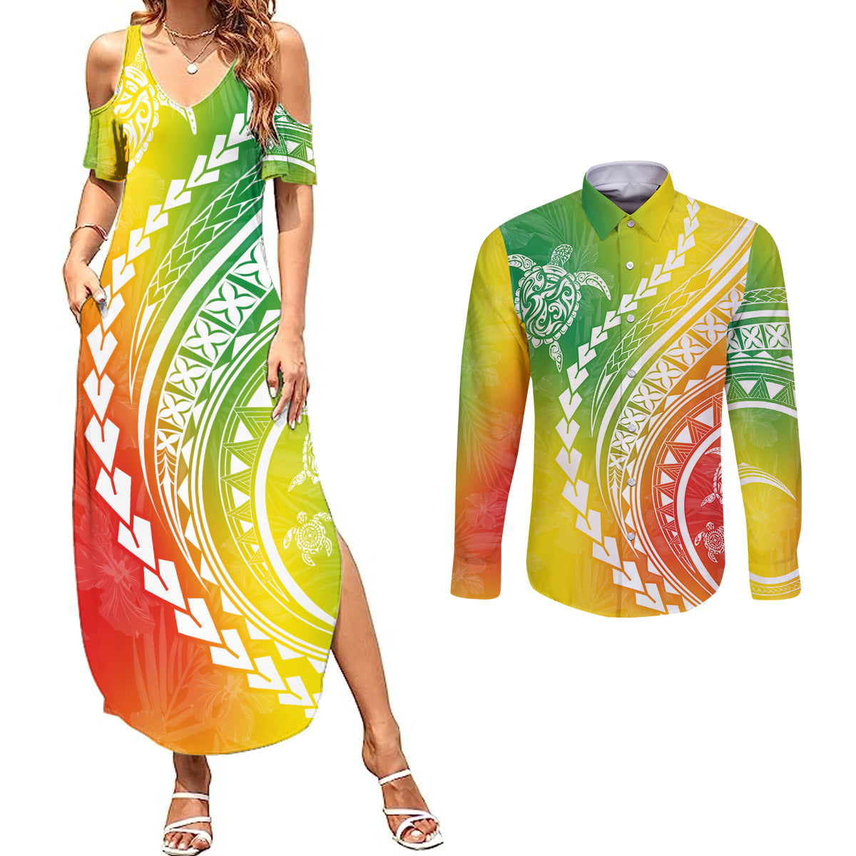 Polynesian Pride Couples Matching Summer Maxi Dress and Long Sleeve Button Shirts Turtle Hibiscus Luxury Style - Reggae LT7 - Wonder Print Shop
