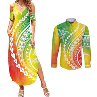 Polynesian Pride Couples Matching Summer Maxi Dress and Long Sleeve Button Shirts Turtle Hibiscus Luxury Style - Reggae LT7 - Wonder Print Shop