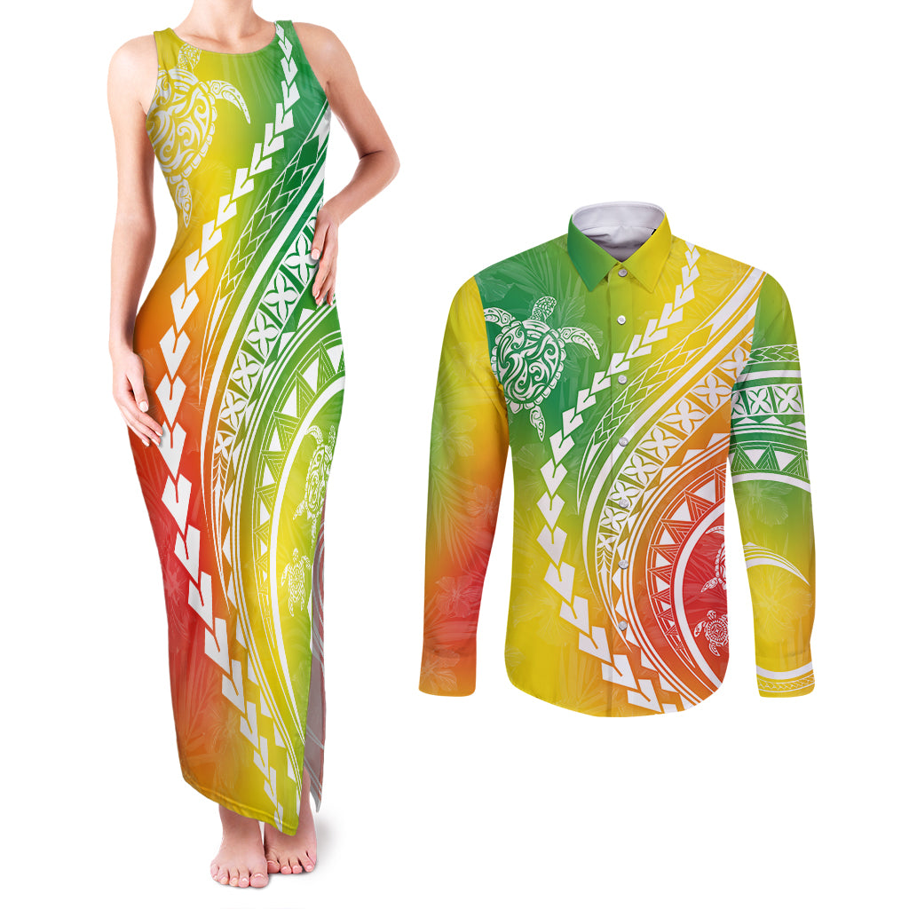 Polynesian Pride Couples Matching Tank Maxi Dress and Long Sleeve Button Shirts Turtle Hibiscus Luxury Style - Reggae LT7 - Wonder Print Shop