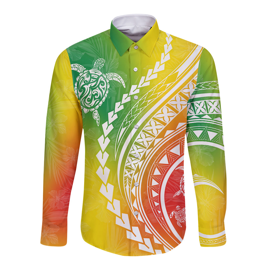 Polynesian Pride Long Sleeve Button Shirt Turtle Hibiscus Luxury Style - Reggae - Wonder Print Shop