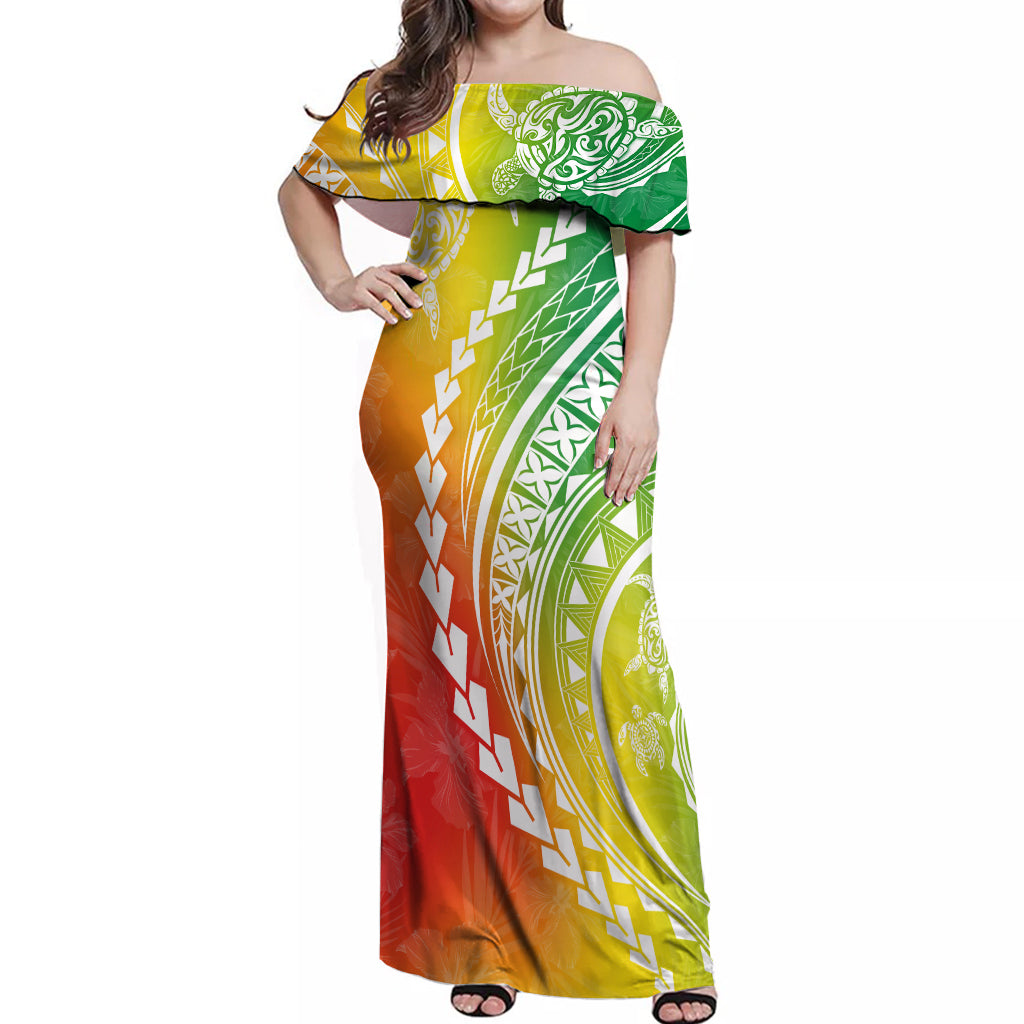 Polynesian Pride Off Shoulder Maxi Dress Turtle Hibiscus Luxury Style - Reggae - Wonder Print Shop