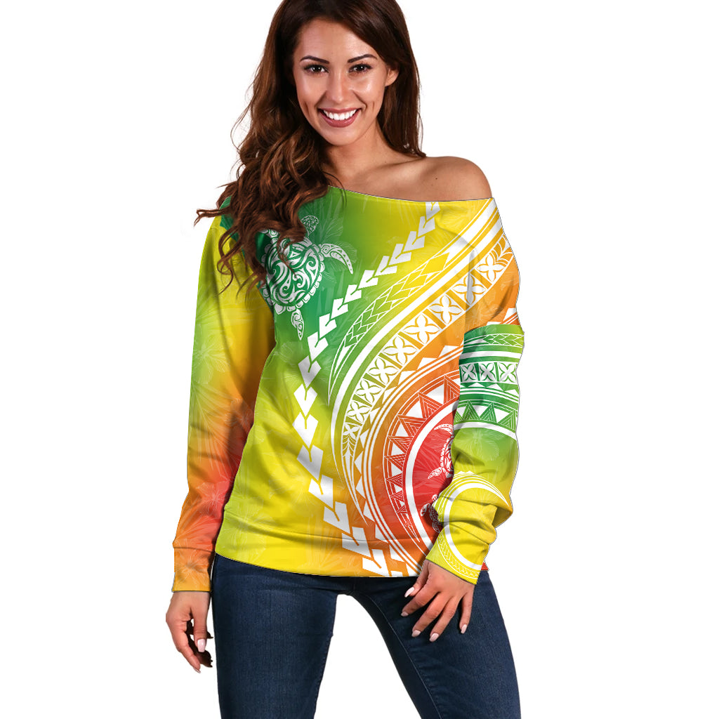 Polynesian Pride Off Shoulder Sweater Turtle Hibiscus Luxury Style - Reggae - Wonder Print Shop