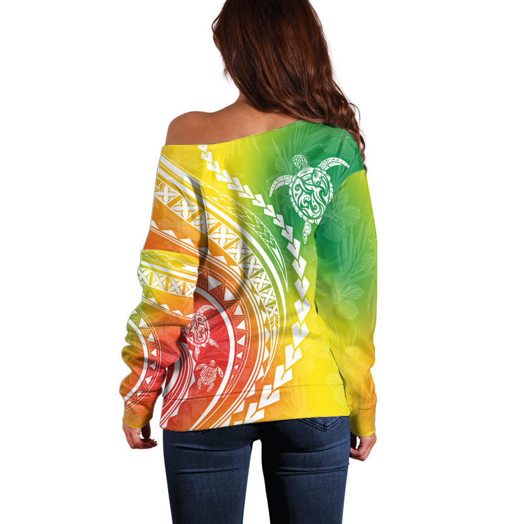 Polynesian Pride Off Shoulder Sweater Turtle Hibiscus Luxury Style - Reggae - Wonder Print Shop