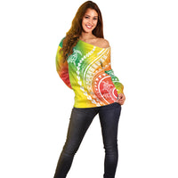 Polynesian Pride Off Shoulder Sweater Turtle Hibiscus Luxury Style - Reggae - Wonder Print Shop