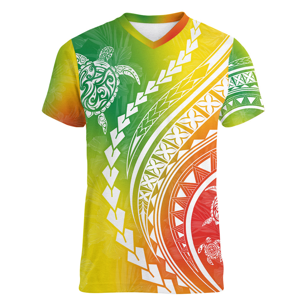 Polynesian Pride Women V Neck T Shirt Turtle Hibiscus Luxury Style - Reggae - Wonder Print Shop