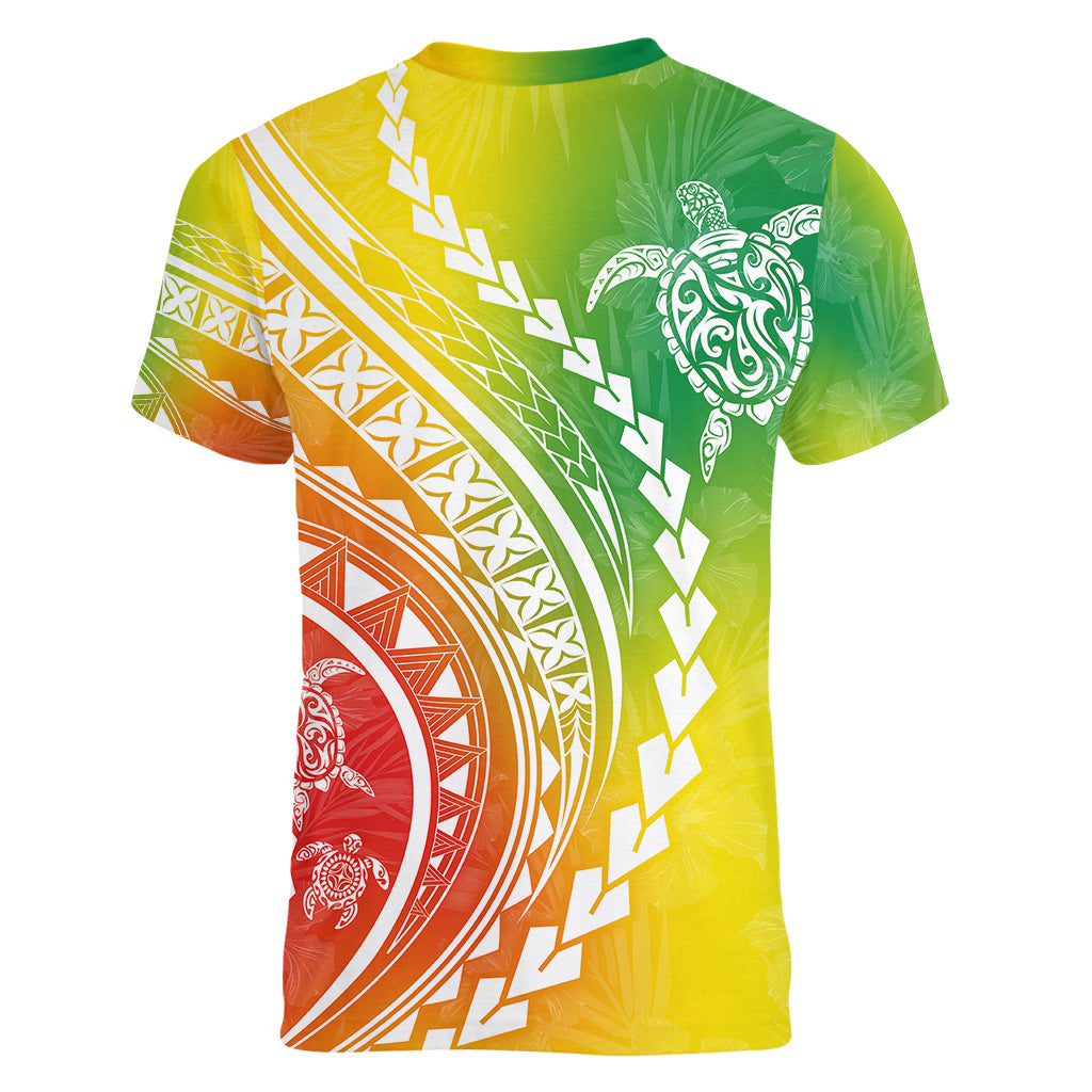 Polynesian Pride Women V Neck T Shirt Turtle Hibiscus Luxury Style - Reggae - Wonder Print Shop