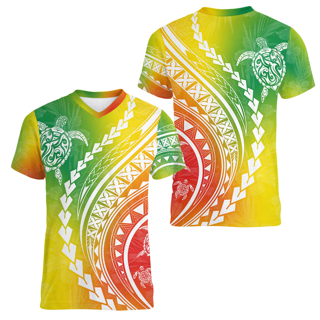 Polynesian Pride Women V Neck T Shirt Turtle Hibiscus Luxury Style - Reggae - Wonder Print Shop