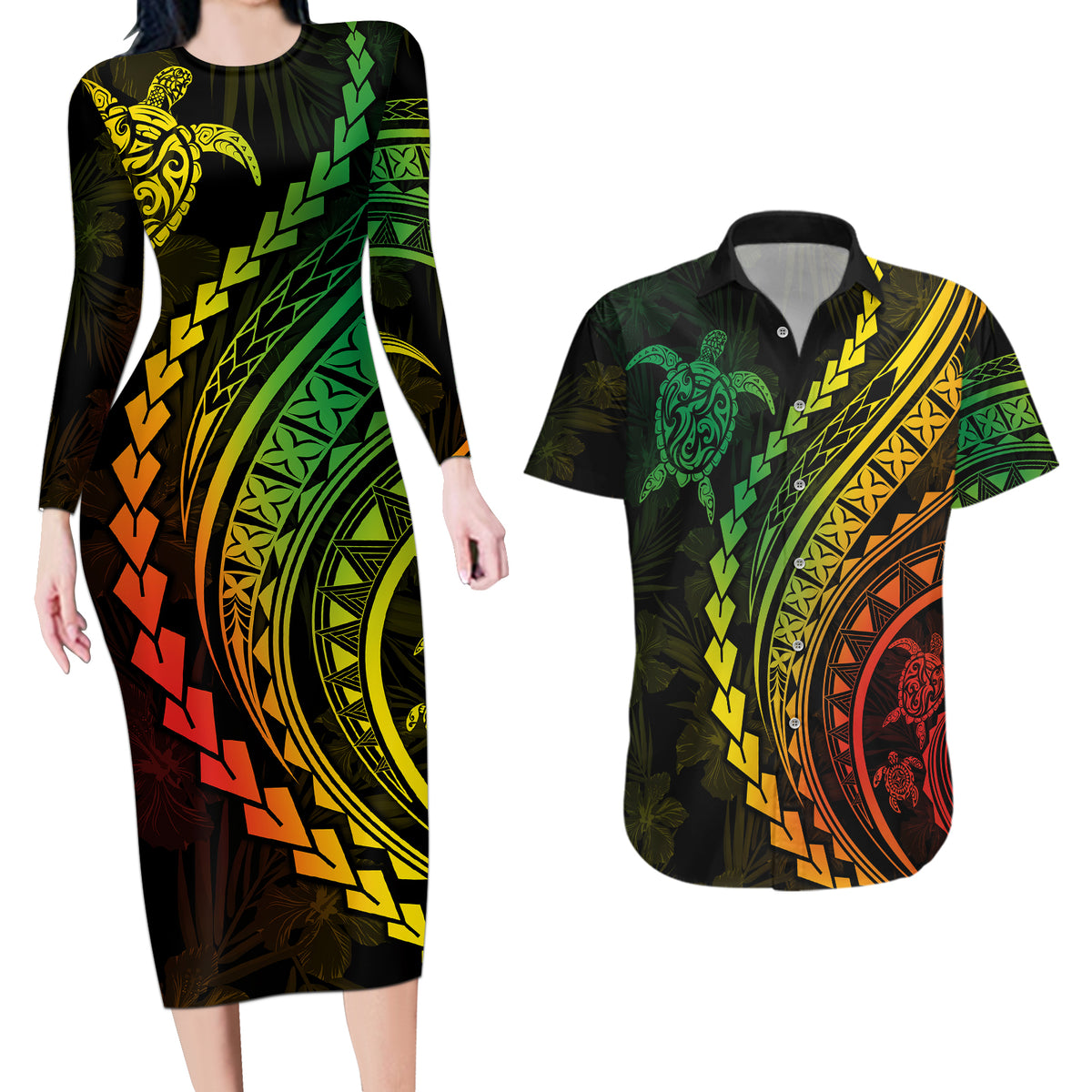 Polynesian Pride Couples Matching Long Sleeve Bodycon Dress and Hawaiian Shirt Turtle Hibiscus Luxury Style - Reggae Ver2 LT7 - Wonder Print Shop