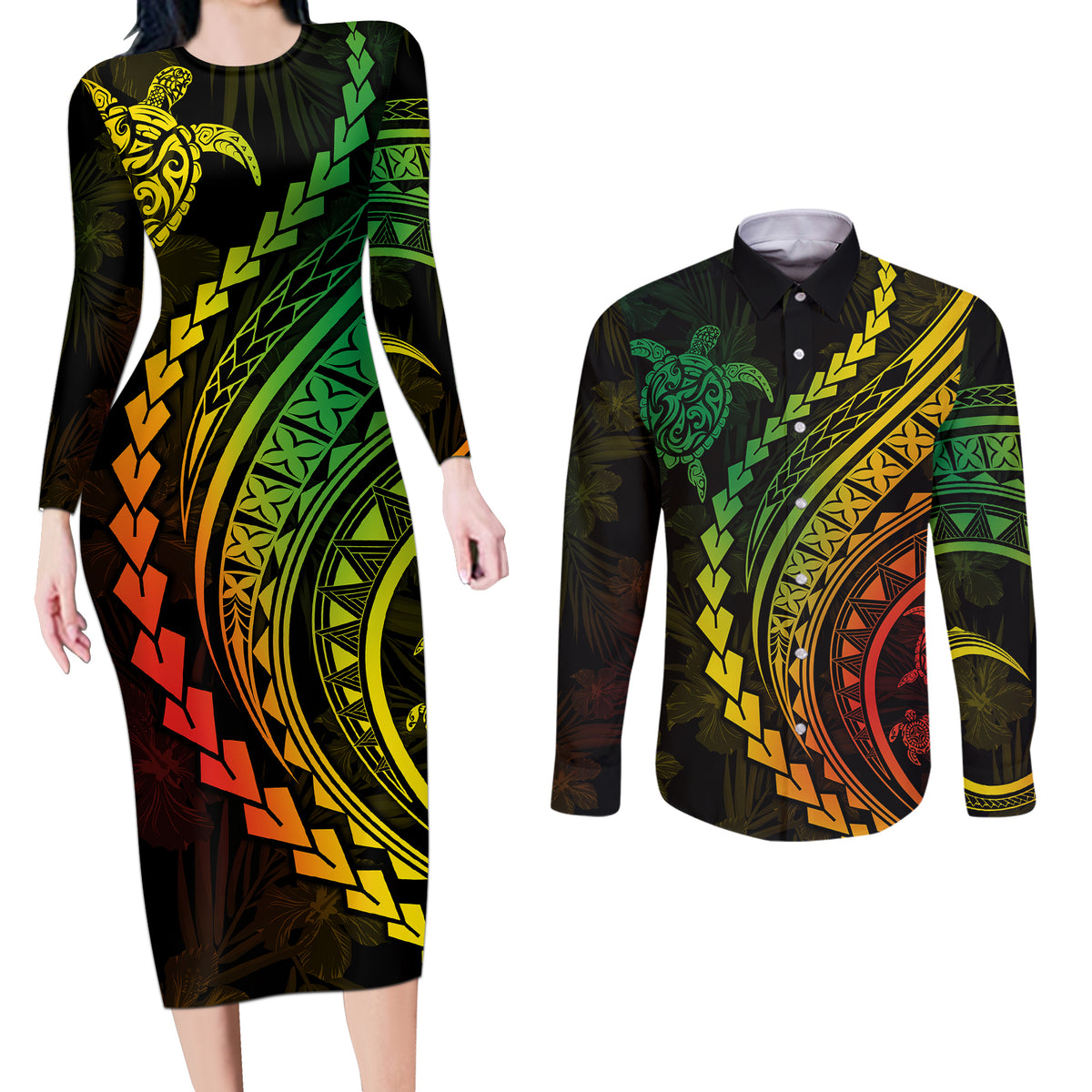 Polynesian Pride Couples Matching Long Sleeve Bodycon Dress and Long Sleeve Button Shirts Turtle Hibiscus Luxury Style - Reggae Ver2 LT7 - Wonder Print Shop