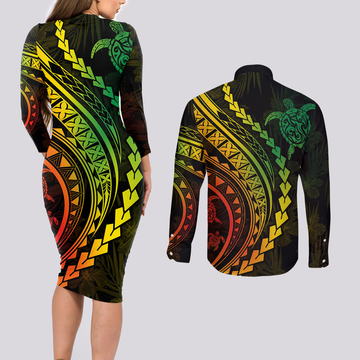 Polynesian Pride Couples Matching Long Sleeve Bodycon Dress and Long Sleeve Button Shirts Turtle Hibiscus Luxury Style - Reggae Ver2 LT7 - Wonder Print Shop