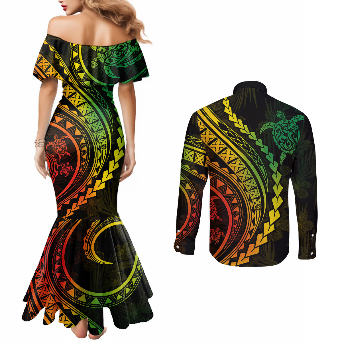 polynesian-pride-couples-matching-mermaid-dress-and-long-sleeve-button-shirts-turtle-hibiscus-luxury-style-reggae-ver2