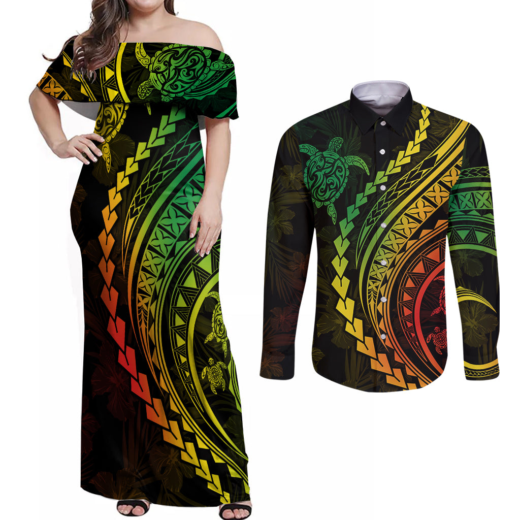 Polynesian Pride Couples Matching Off Shoulder Maxi Dress and Long Sleeve Button Shirts Turtle Hibiscus Luxury Style - Reggae Ver2 LT7 - Wonder Print Shop