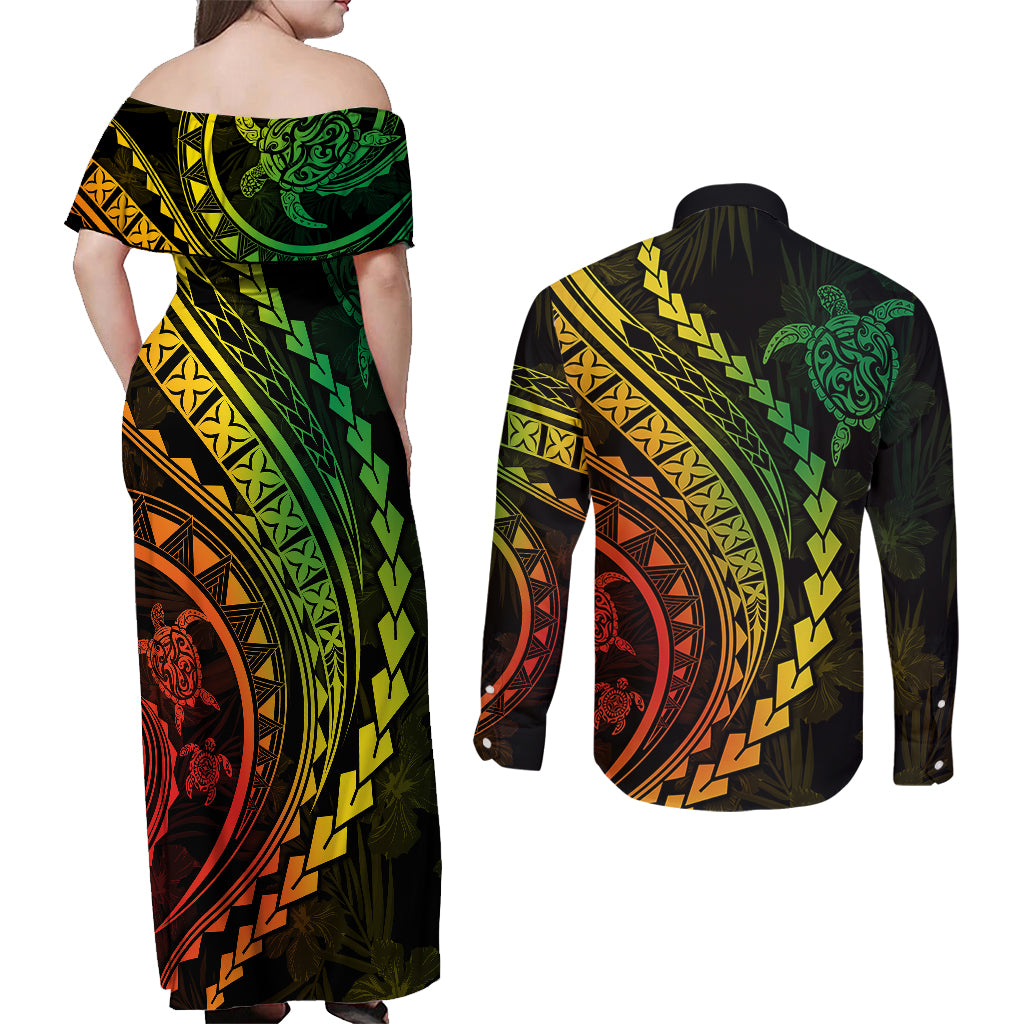 Polynesian Pride Couples Matching Off Shoulder Maxi Dress and Long Sleeve Button Shirts Turtle Hibiscus Luxury Style - Reggae Ver2 LT7 - Wonder Print Shop
