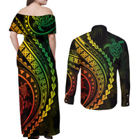 Polynesian Pride Couples Matching Off Shoulder Maxi Dress and Long Sleeve Button Shirts Turtle Hibiscus Luxury Style - Reggae Ver2 LT7 - Wonder Print Shop
