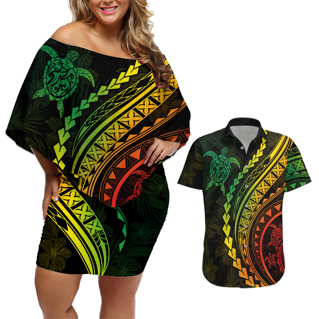 Polynesian Pride Couples Matching Off Shoulder Short Dress and Hawaiian Shirt Turtle Hibiscus Luxury Style - Reggae Ver2 LT7 - Wonder Print Shop