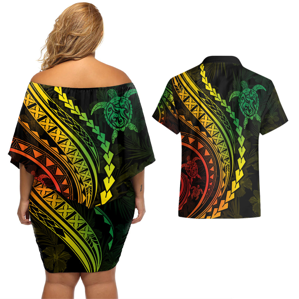 Polynesian Pride Couples Matching Off Shoulder Short Dress and Hawaiian Shirt Turtle Hibiscus Luxury Style - Reggae Ver2 LT7 - Wonder Print Shop