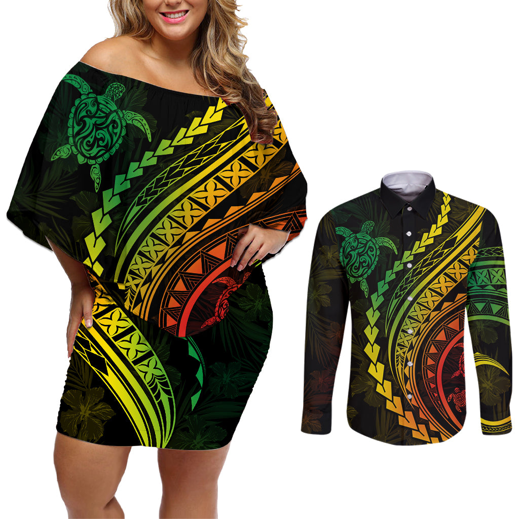 Polynesian Pride Couples Matching Off Shoulder Short Dress and Long Sleeve Button Shirts Turtle Hibiscus Luxury Style - Reggae Ver2 LT7 - Wonder Print Shop