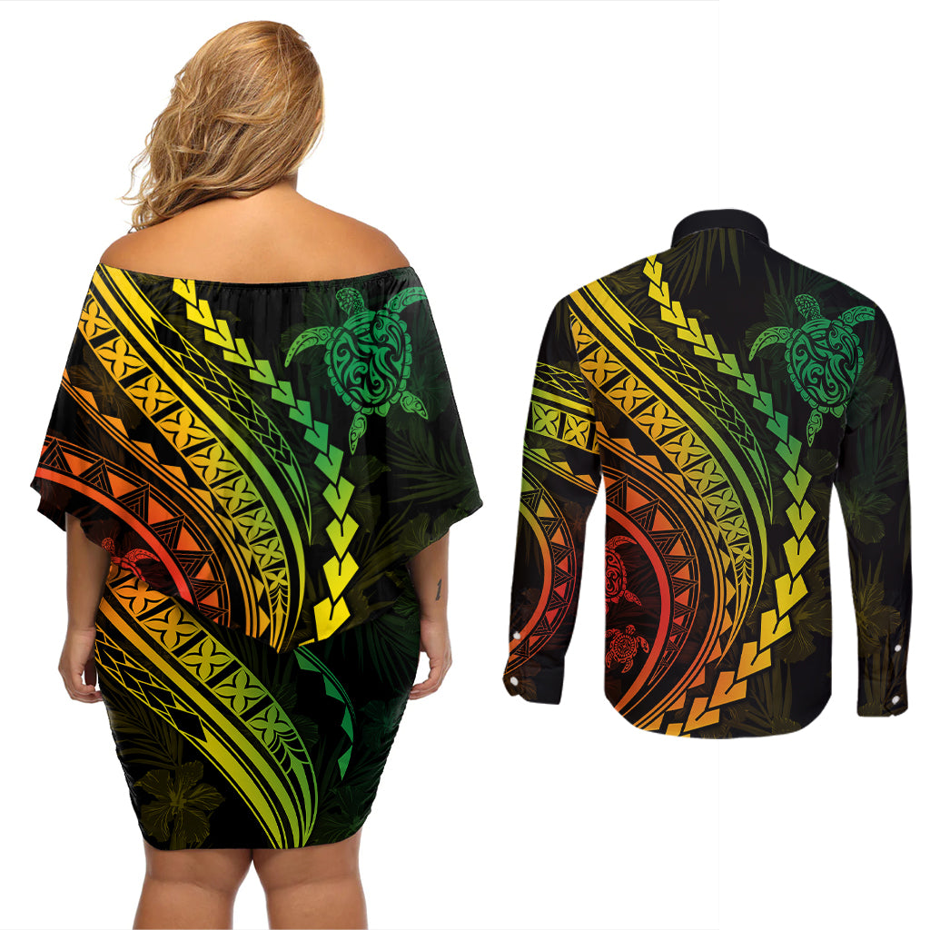 Polynesian Pride Couples Matching Off Shoulder Short Dress and Long Sleeve Button Shirts Turtle Hibiscus Luxury Style - Reggae Ver2 LT7 - Wonder Print Shop