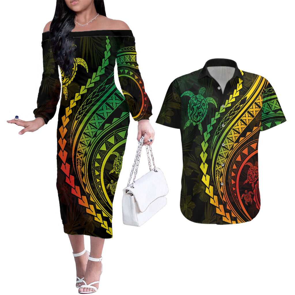 Polynesian Pride Couples Matching Off The Shoulder Long Sleeve Dress and Hawaiian Shirt Turtle Hibiscus Luxury Style - Reggae Ver2 LT7 - Wonder Print Shop