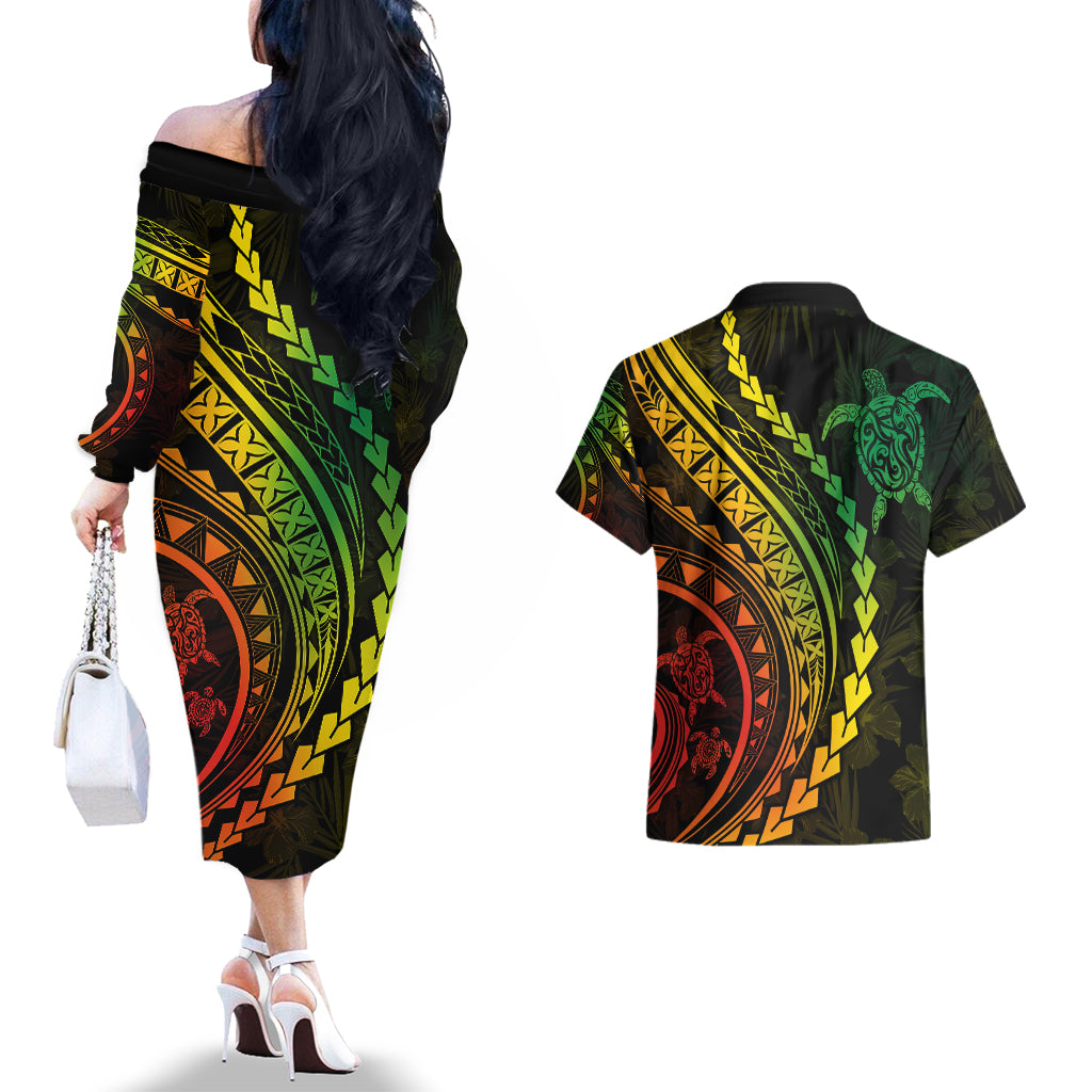Polynesian Pride Couples Matching Off The Shoulder Long Sleeve Dress and Hawaiian Shirt Turtle Hibiscus Luxury Style - Reggae Ver2 LT7 - Wonder Print Shop