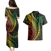 Polynesian Pride Couples Matching Puletasi Dress and Hawaiian Shirt Turtle Hibiscus Luxury Style - Reggae Ver2 LT7 - Wonder Print Shop