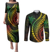 Polynesian Pride Couples Matching Puletasi Dress and Long Sleeve Button Shirts Turtle Hibiscus Luxury Style - Reggae Ver2 LT7 - Wonder Print Shop
