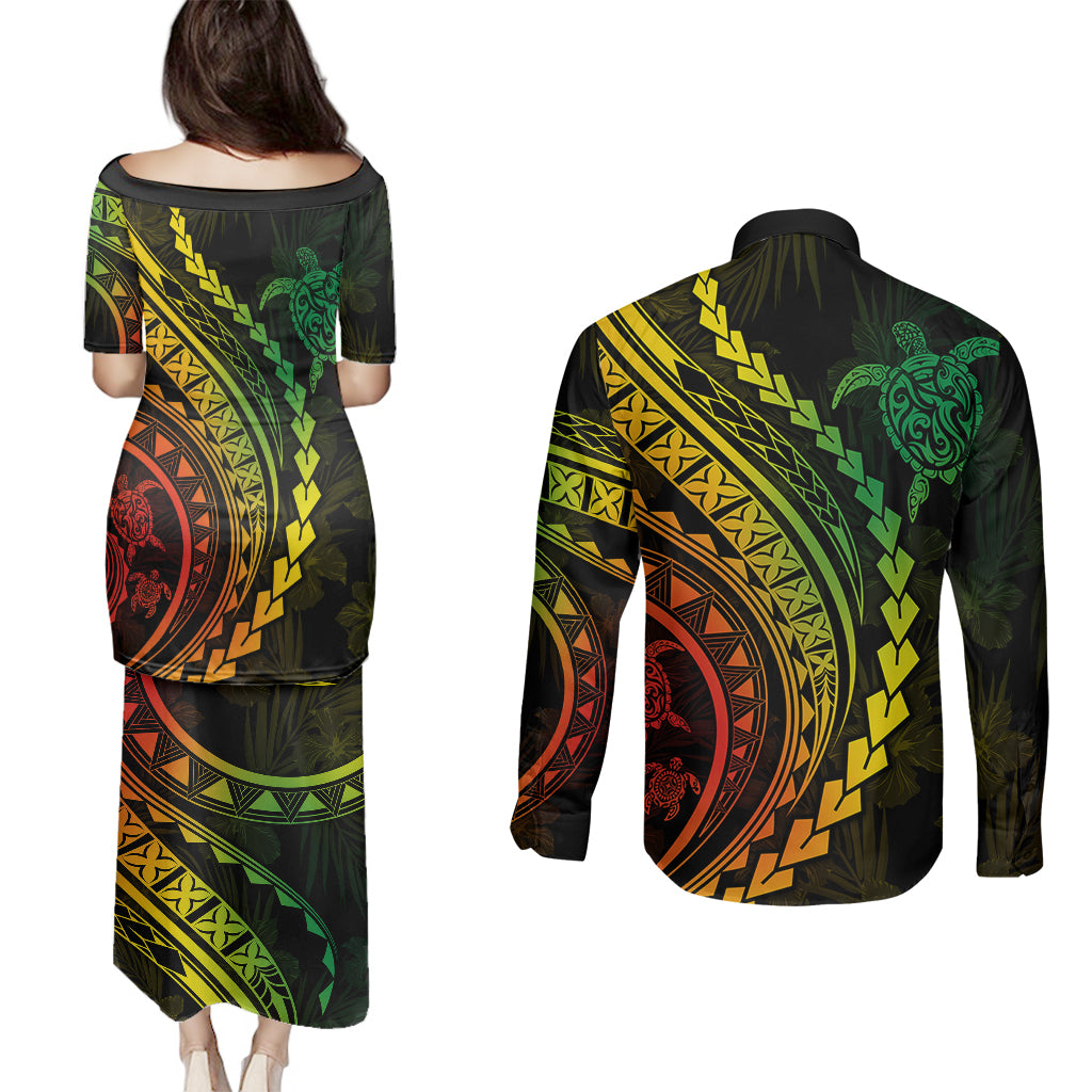 Polynesian Pride Couples Matching Puletasi Dress and Long Sleeve Button Shirts Turtle Hibiscus Luxury Style - Reggae Ver2 LT7 - Wonder Print Shop