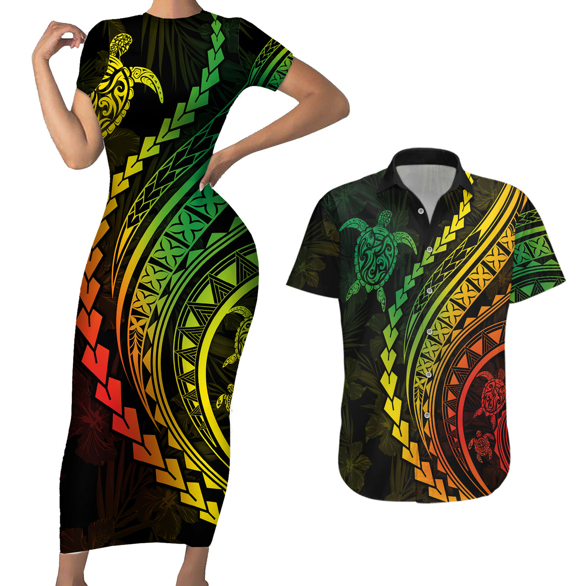 Polynesian Pride Couples Matching Short Sleeve Bodycon Dress and Hawaiian Shirt Turtle Hibiscus Luxury Style - Reggae Ver2 LT7 - Wonder Print Shop