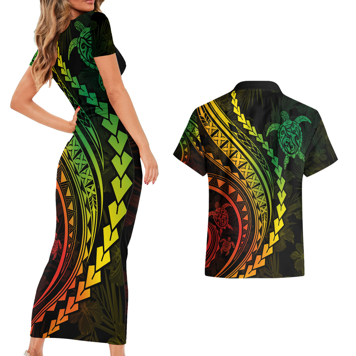 Polynesian Pride Couples Matching Short Sleeve Bodycon Dress and Hawaiian Shirt Turtle Hibiscus Luxury Style - Reggae Ver2 LT7 - Wonder Print Shop