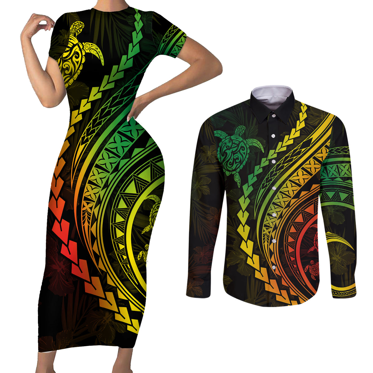 Polynesian Pride Couples Matching Short Sleeve Bodycon Dress and Long Sleeve Button Shirts Turtle Hibiscus Luxury Style - Reggae Ver2 LT7 - Wonder Print Shop