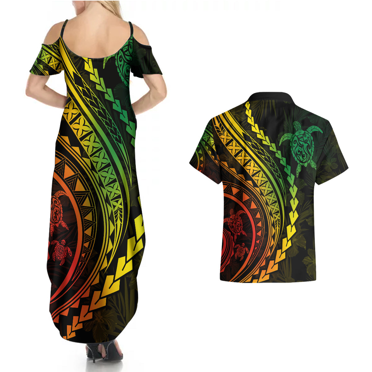 Polynesian Pride Couples Matching Summer Maxi Dress and Hawaiian Shirt Turtle Hibiscus Luxury Style - Reggae Ver2 LT7 - Wonder Print Shop