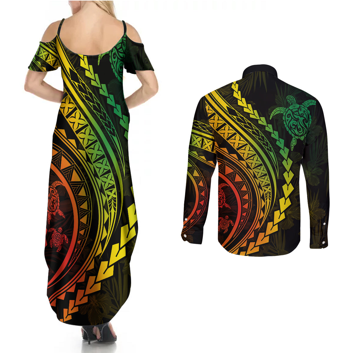 Polynesian Pride Couples Matching Summer Maxi Dress and Long Sleeve Button Shirts Turtle Hibiscus Luxury Style - Reggae Ver2 LT7 - Wonder Print Shop