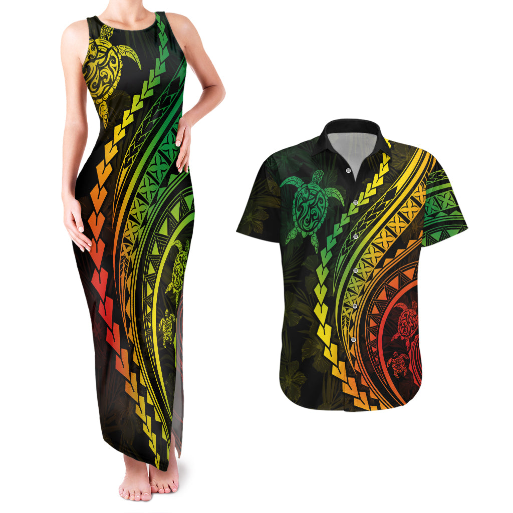 Polynesian Pride Couples Matching Tank Maxi Dress and Hawaiian Shirt Turtle Hibiscus Luxury Style - Reggae Ver2 LT7 - Wonder Print Shop