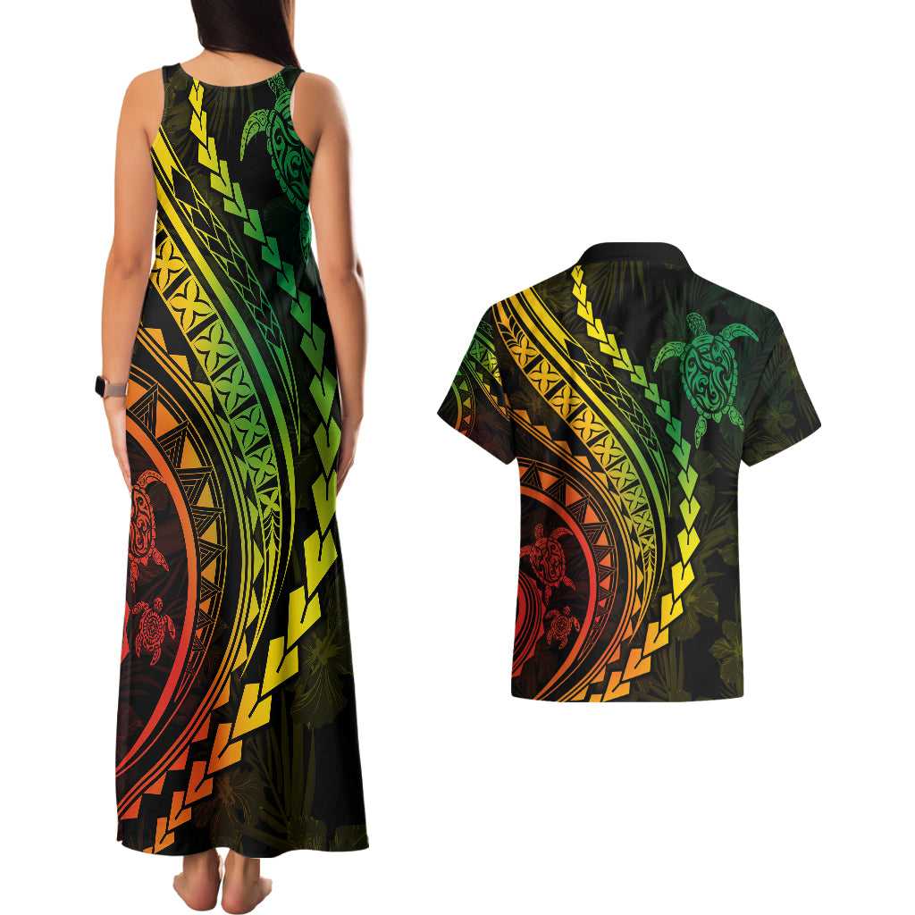 Polynesian Pride Couples Matching Tank Maxi Dress and Hawaiian Shirt Turtle Hibiscus Luxury Style - Reggae Ver2 LT7 - Wonder Print Shop