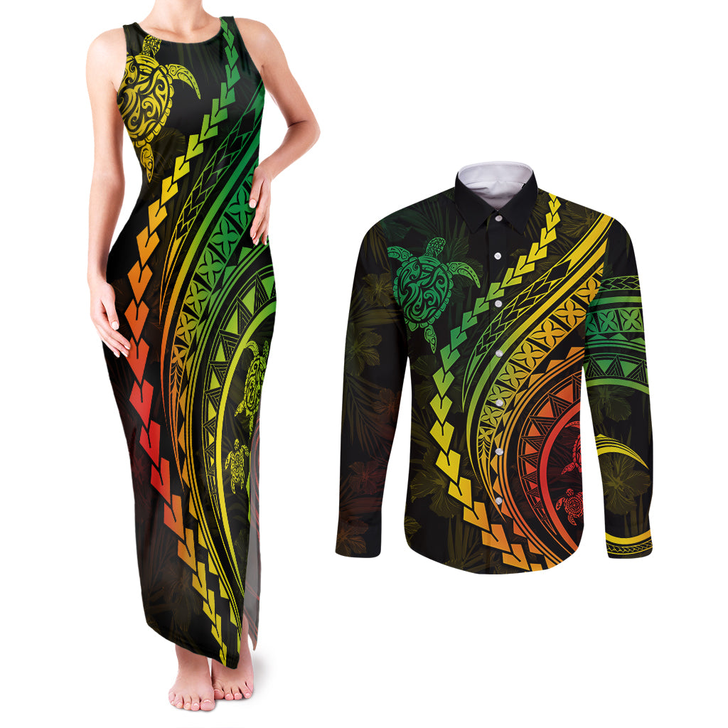 Polynesian Pride Couples Matching Tank Maxi Dress and Long Sleeve Button Shirts Turtle Hibiscus Luxury Style - Reggae Ver2 LT7 - Wonder Print Shop