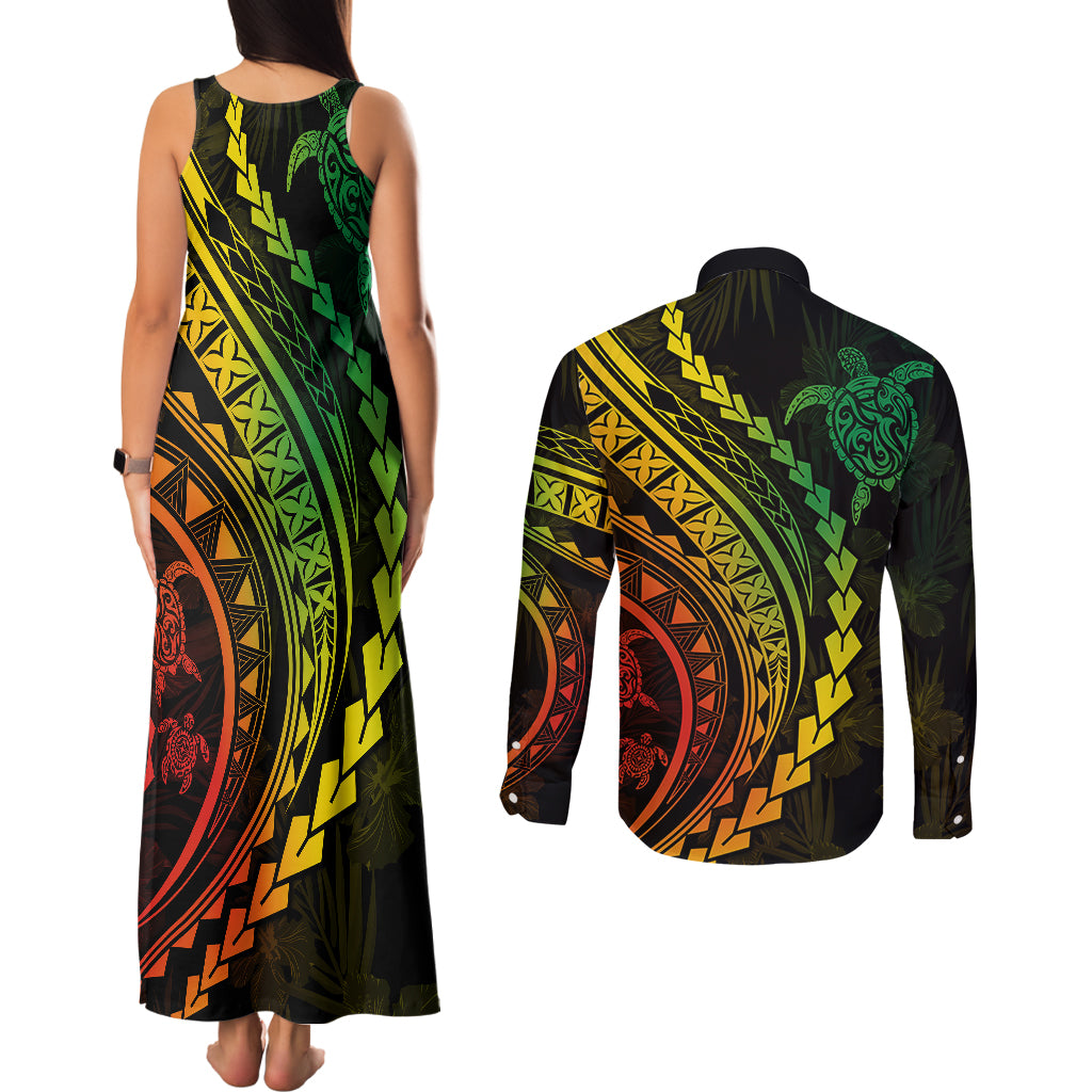 Polynesian Pride Couples Matching Tank Maxi Dress and Long Sleeve Button Shirts Turtle Hibiscus Luxury Style - Reggae Ver2 LT7 - Wonder Print Shop