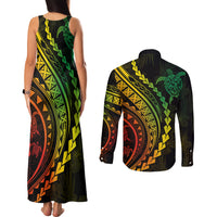 Polynesian Pride Couples Matching Tank Maxi Dress and Long Sleeve Button Shirts Turtle Hibiscus Luxury Style - Reggae Ver2 LT7 - Wonder Print Shop
