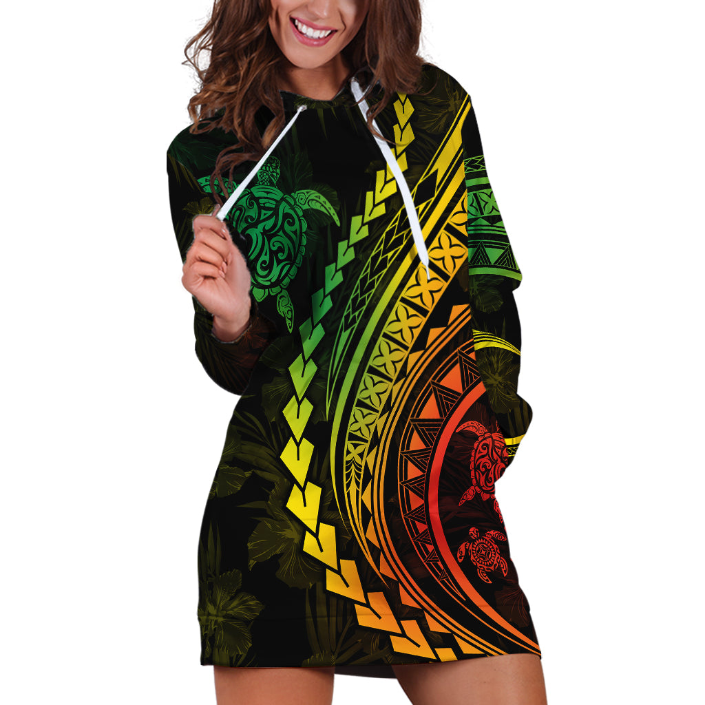 Polynesian Pride Hoodie Dress Turtle Hibiscus Luxury Style - Reggae Ver2 - Wonder Print Shop