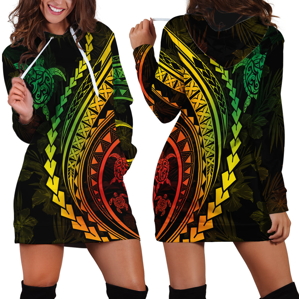 Polynesian Pride Hoodie Dress Turtle Hibiscus Luxury Style - Reggae Ver2 - Wonder Print Shop