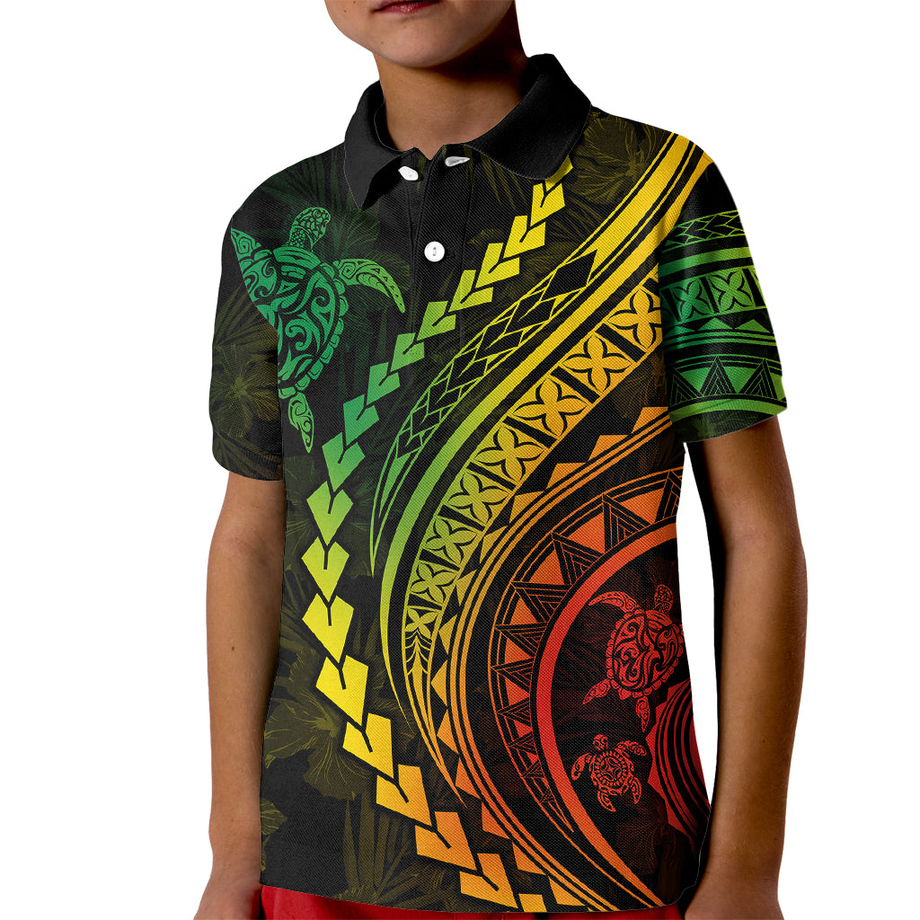 Polynesian Pride Kid Polo Shirt Turtle Hibiscus Luxury Style - Reggae Ver2 - Wonder Print Shop