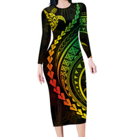 Polynesian Pride Long Sleeve Bodycon Dress Turtle Hibiscus Luxury Style - Reggae Ver2 - Wonder Print Shop